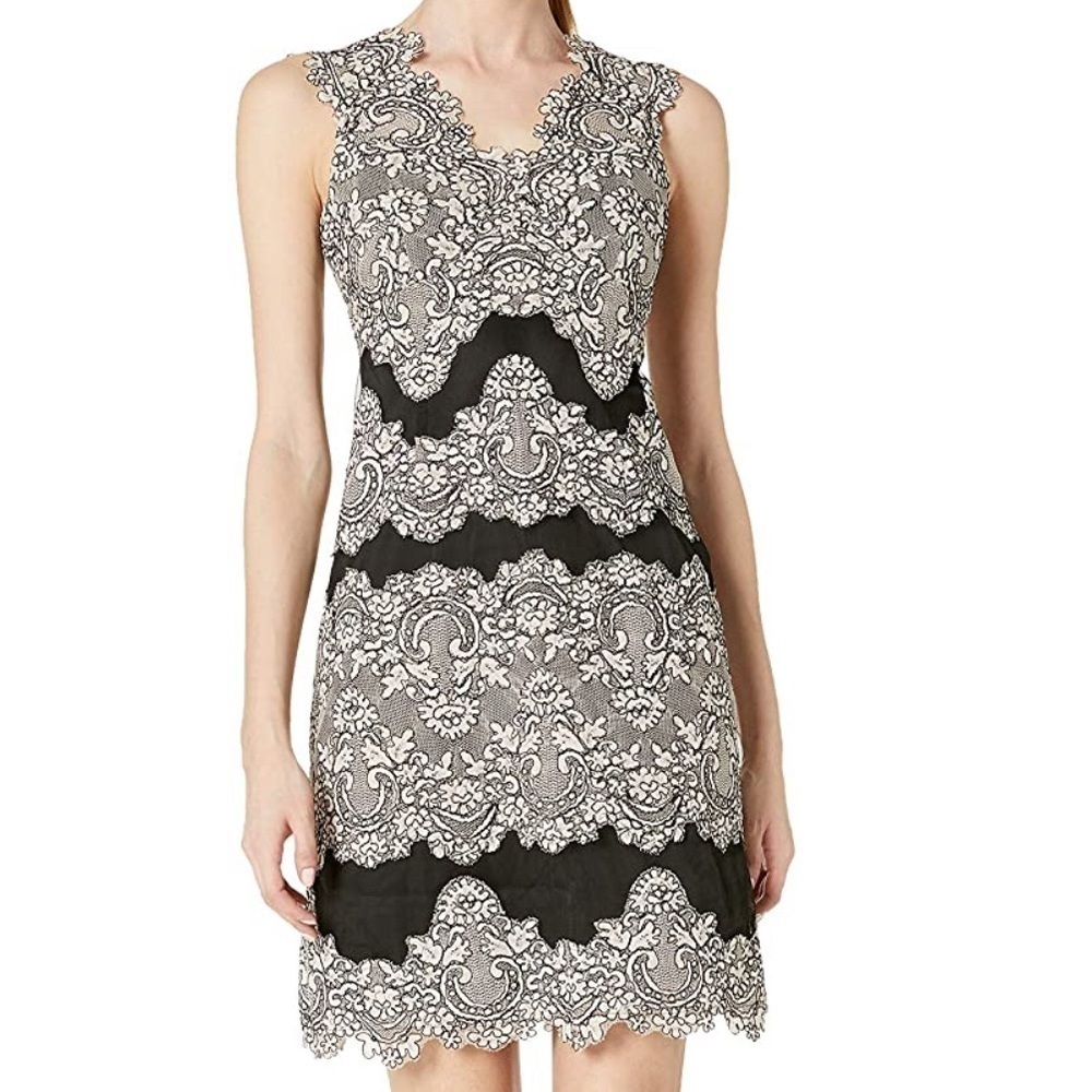 TAHARI Black & Blush Scalloped Edge Lace Sheath Dress Size 6 NEW - Picture 1 of 10